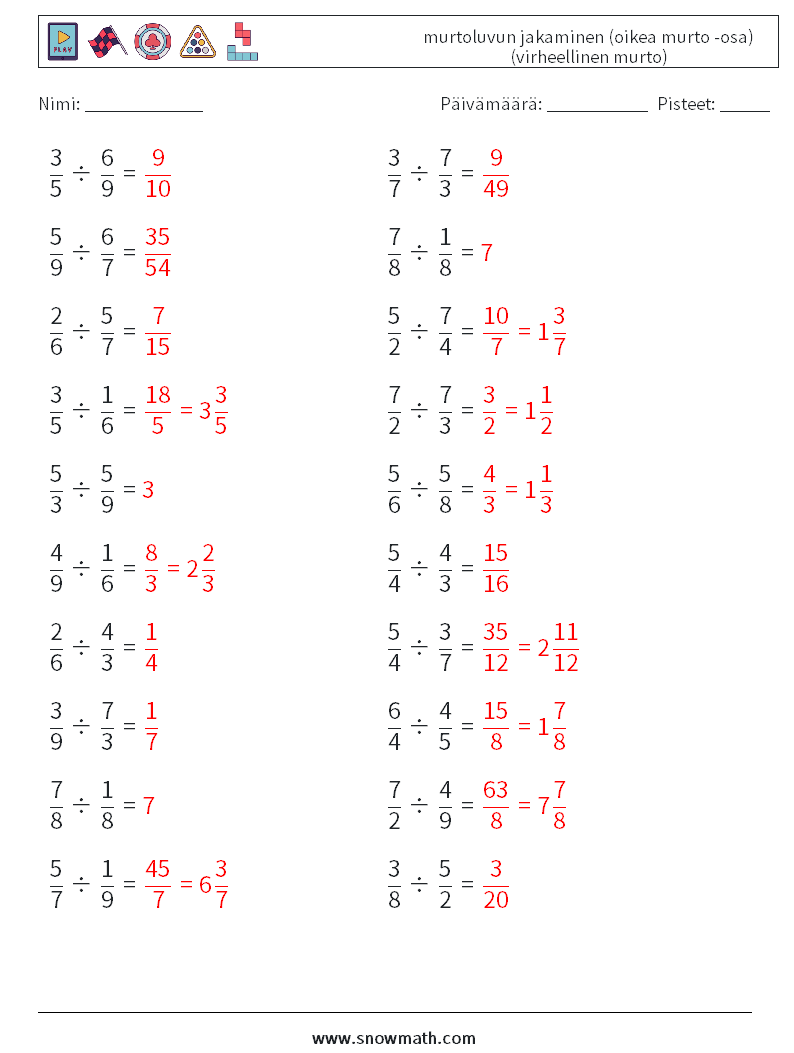 (20) murtoluvun jakaminen (oikea murto -osa) (virheellinen murto) Matematiikan laskentataulukot 7 Kysymys, vastaus