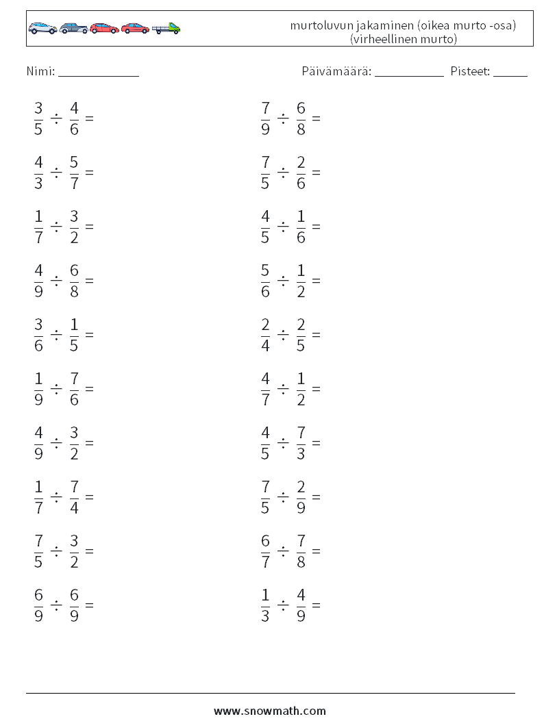 (20) murtoluvun jakaminen (oikea murto -osa) (virheellinen murto) Matematiikan laskentataulukot 9