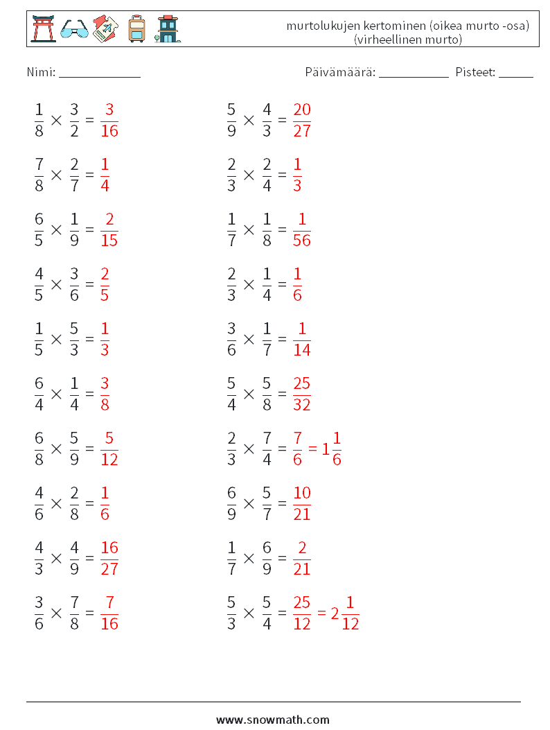 (20) murtolukujen kertominen (oikea murto -osa) (virheellinen murto) Matematiikan laskentataulukot 10 Kysymys, vastaus