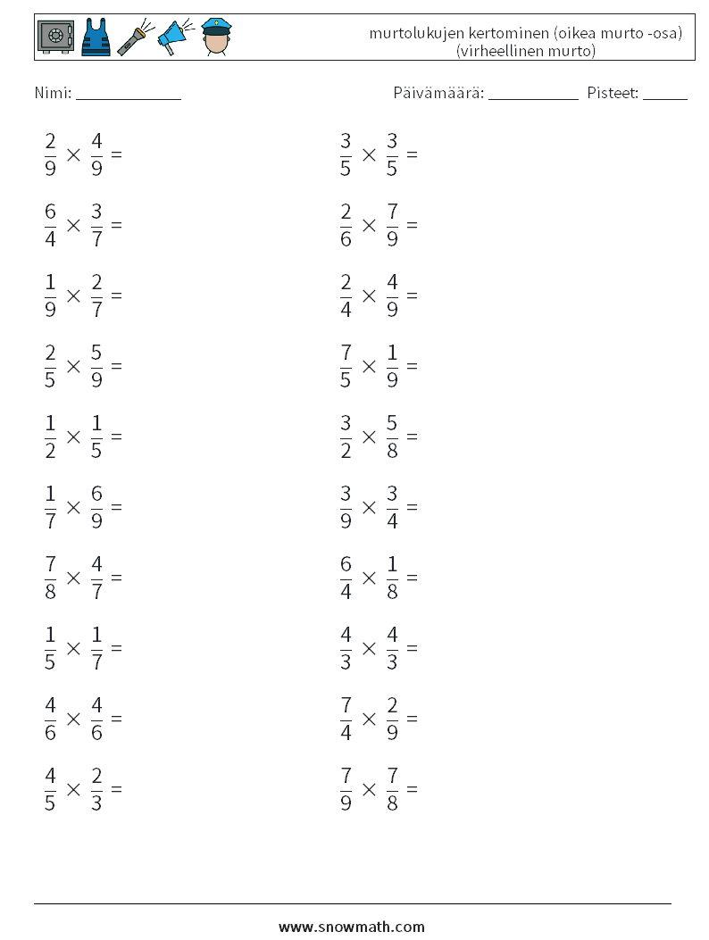 (20) murtolukujen kertominen (oikea murto -osa) (virheellinen murto) Matematiikan laskentataulukot 11