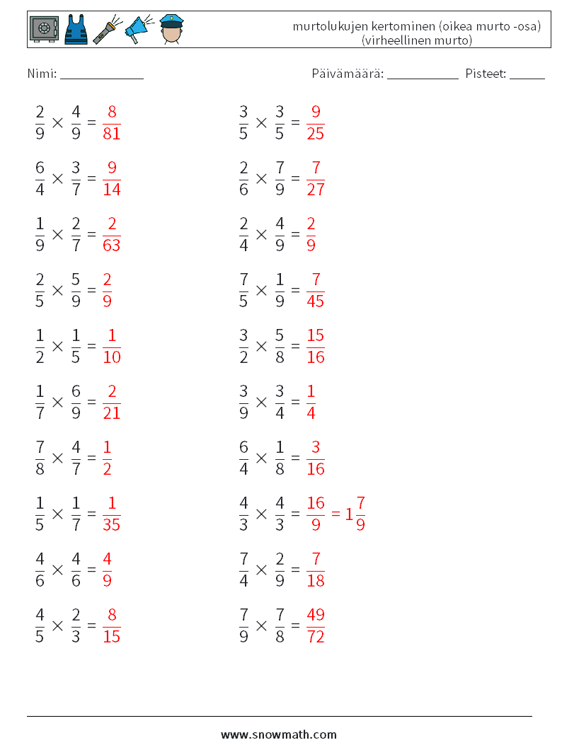 (20) murtolukujen kertominen (oikea murto -osa) (virheellinen murto) Matematiikan laskentataulukot 11 Kysymys, vastaus