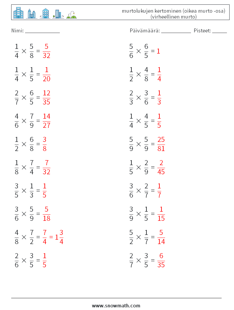 (20) murtolukujen kertominen (oikea murto -osa) (virheellinen murto) Matematiikan laskentataulukot 12 Kysymys, vastaus