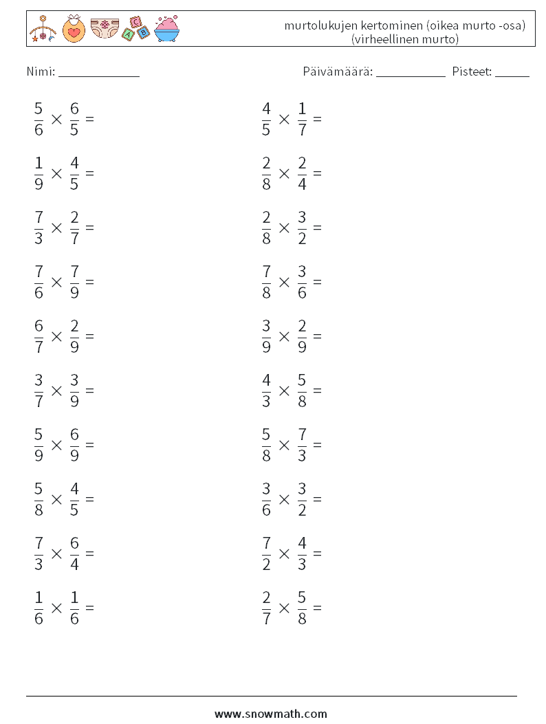 (20) murtolukujen kertominen (oikea murto -osa) (virheellinen murto) Matematiikan laskentataulukot 13