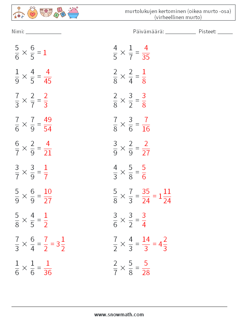 (20) murtolukujen kertominen (oikea murto -osa) (virheellinen murto) Matematiikan laskentataulukot 13 Kysymys, vastaus