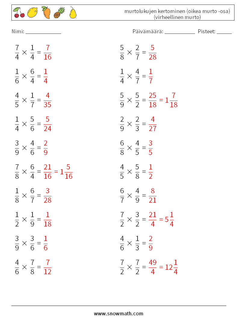 (20) murtolukujen kertominen (oikea murto -osa) (virheellinen murto) Matematiikan laskentataulukot 14 Kysymys, vastaus