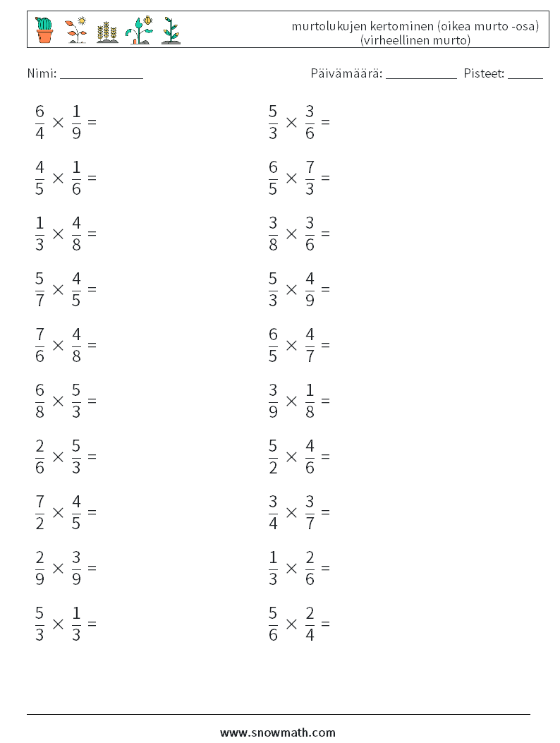 (20) murtolukujen kertominen (oikea murto -osa) (virheellinen murto) Matematiikan laskentataulukot 15