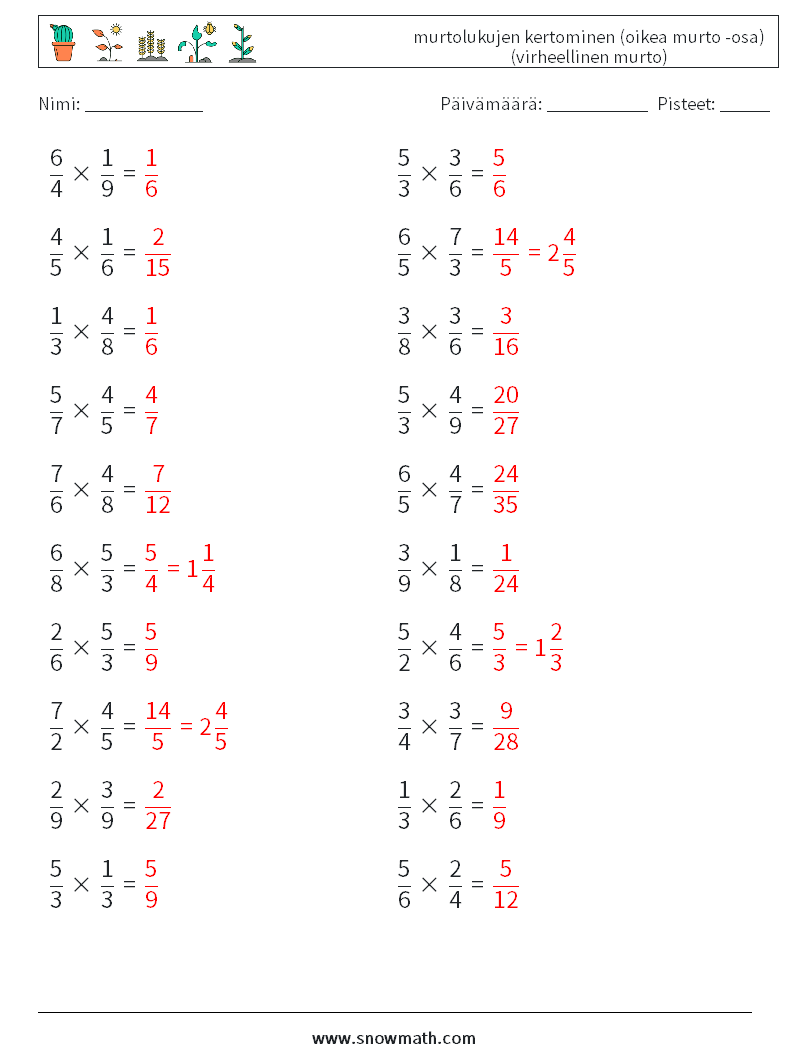 (20) murtolukujen kertominen (oikea murto -osa) (virheellinen murto) Matematiikan laskentataulukot 15 Kysymys, vastaus
