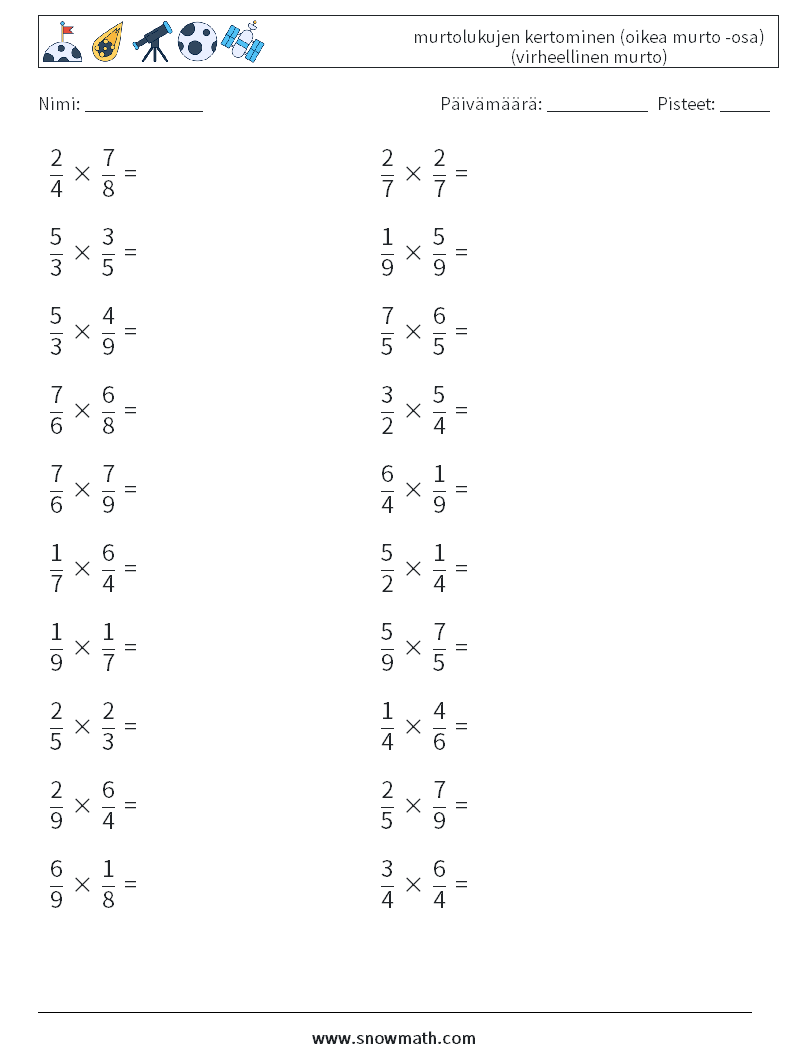 (20) murtolukujen kertominen (oikea murto -osa) (virheellinen murto) Matematiikan laskentataulukot 16