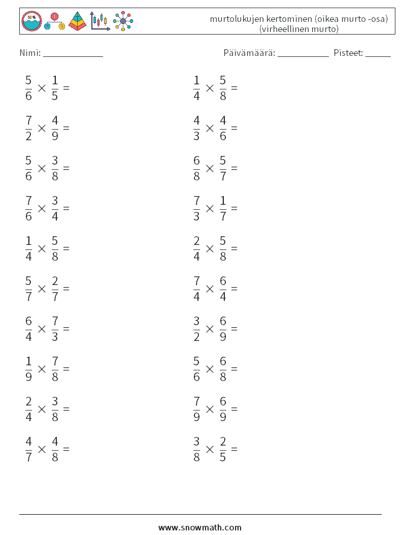 (20) murtolukujen kertominen (oikea murto -osa) (virheellinen murto) Matematiikan laskentataulukot 17