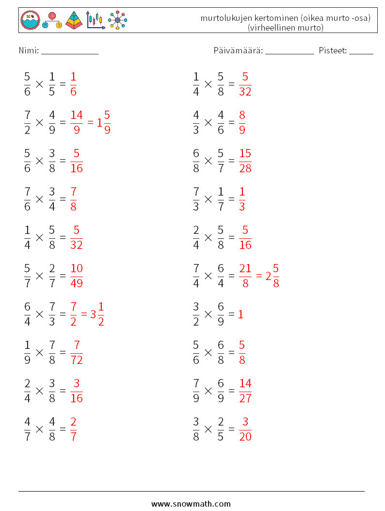 (20) murtolukujen kertominen (oikea murto -osa) (virheellinen murto) Matematiikan laskentataulukot 17 Kysymys, vastaus