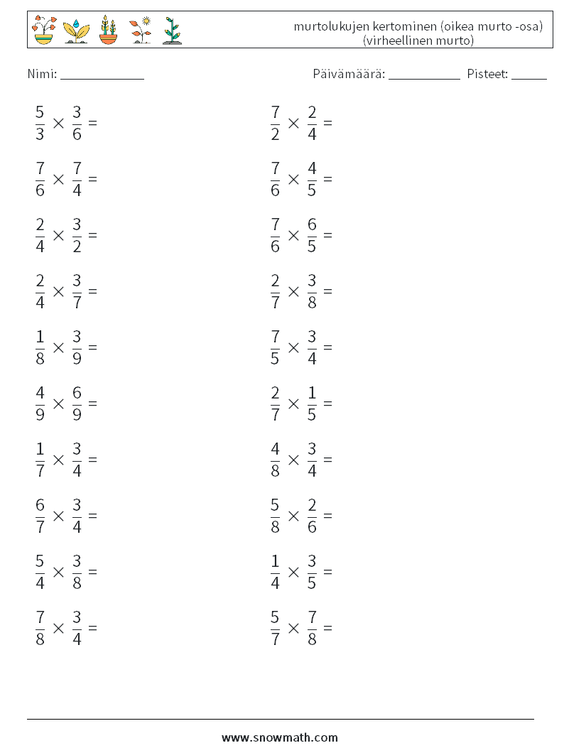 (20) murtolukujen kertominen (oikea murto -osa) (virheellinen murto) Matematiikan laskentataulukot 18