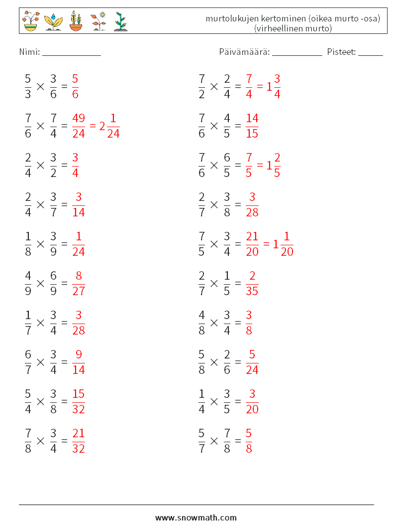 (20) murtolukujen kertominen (oikea murto -osa) (virheellinen murto) Matematiikan laskentataulukot 18 Kysymys, vastaus