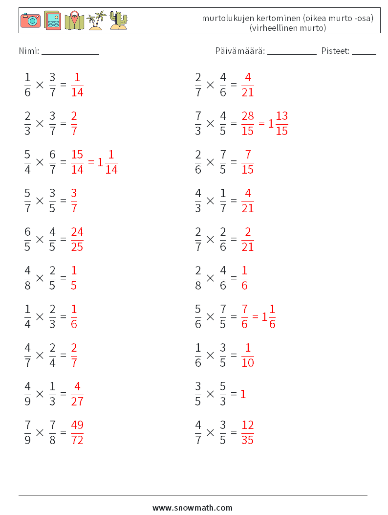 (20) murtolukujen kertominen (oikea murto -osa) (virheellinen murto) Matematiikan laskentataulukot 2 Kysymys, vastaus