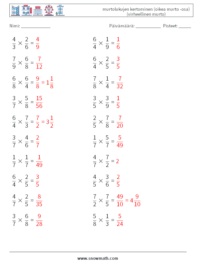 (20) murtolukujen kertominen (oikea murto -osa) (virheellinen murto) Matematiikan laskentataulukot 3 Kysymys, vastaus