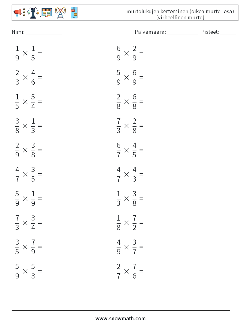 (20) murtolukujen kertominen (oikea murto -osa) (virheellinen murto) Matematiikan laskentataulukot 4