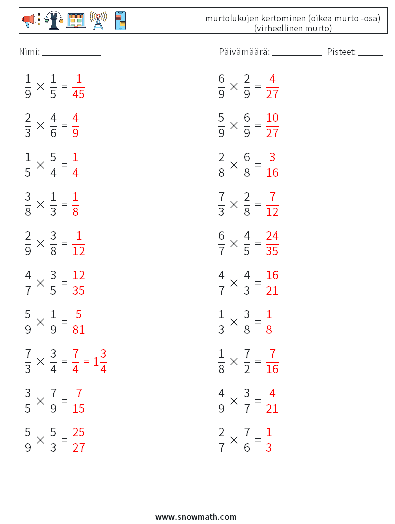 (20) murtolukujen kertominen (oikea murto -osa) (virheellinen murto) Matematiikan laskentataulukot 4 Kysymys, vastaus