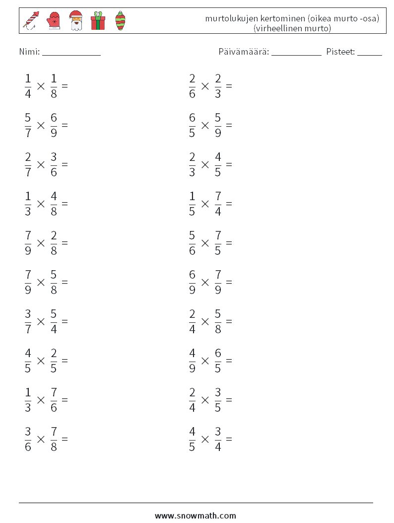 (20) murtolukujen kertominen (oikea murto -osa) (virheellinen murto) Matematiikan laskentataulukot 5