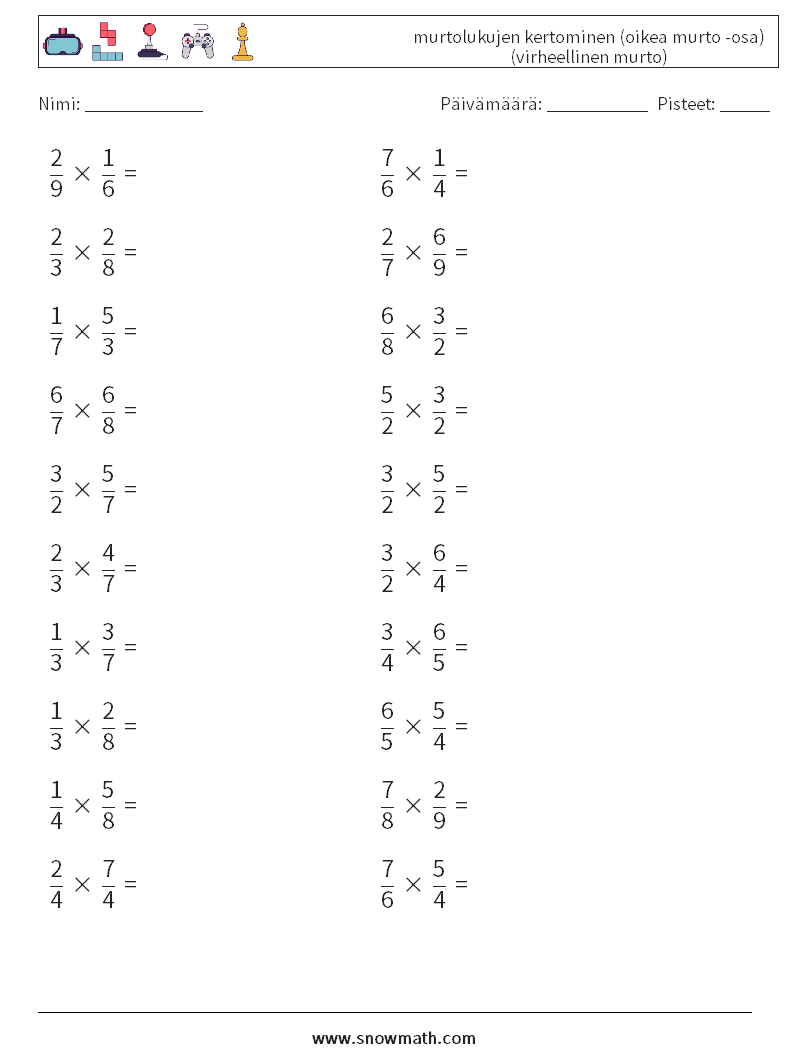 (20) murtolukujen kertominen (oikea murto -osa) (virheellinen murto) Matematiikan laskentataulukot 7