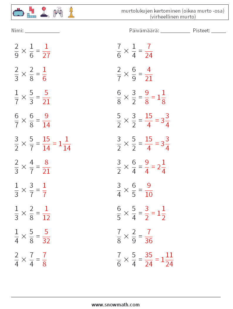 (20) murtolukujen kertominen (oikea murto -osa) (virheellinen murto) Matematiikan laskentataulukot 7 Kysymys, vastaus