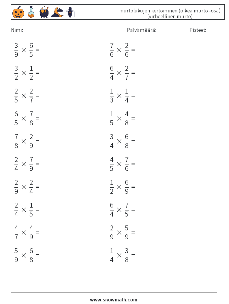 (20) murtolukujen kertominen (oikea murto -osa) (virheellinen murto) Matematiikan laskentataulukot 9