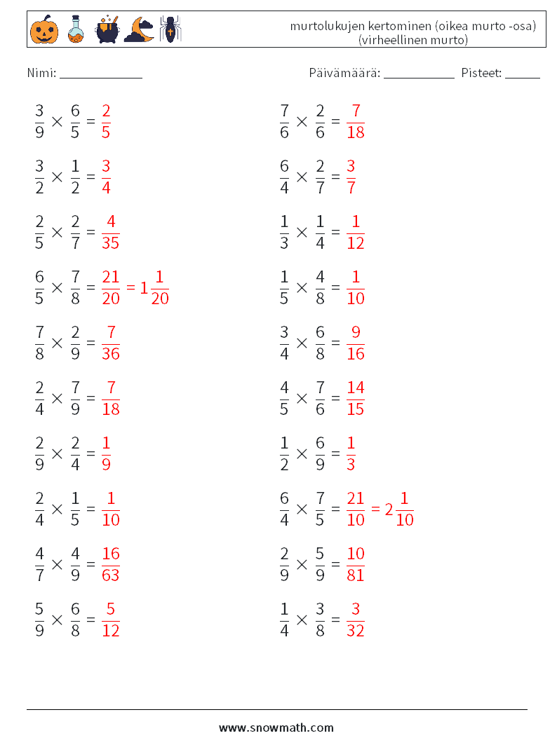 (20) murtolukujen kertominen (oikea murto -osa) (virheellinen murto) Matematiikan laskentataulukot 9 Kysymys, vastaus