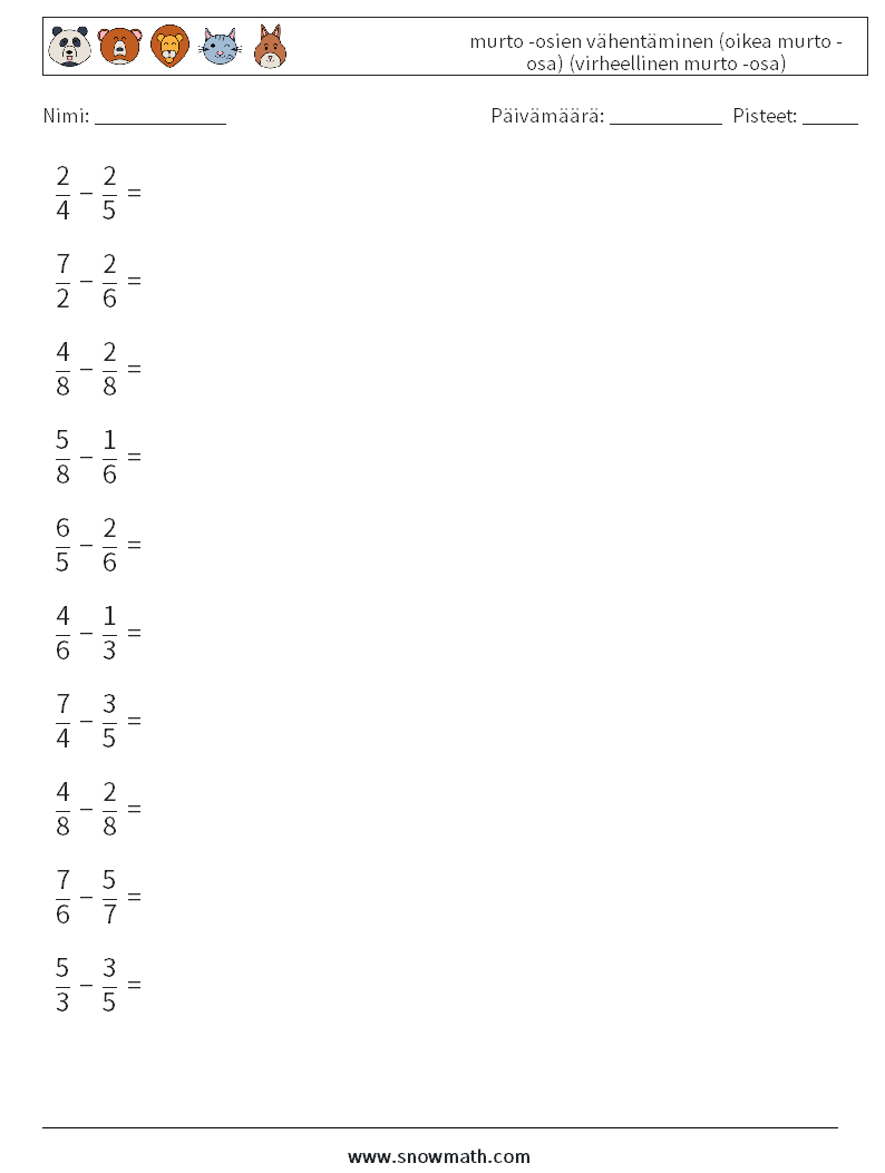 (10) murto -osien vähentäminen (oikea murto -osa) (virheellinen murto -osa) Matematiikan laskentataulukot 12