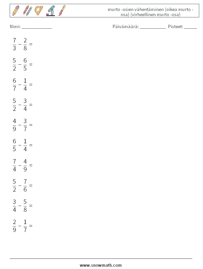 (10) murto -osien vähentäminen (oikea murto -osa) (virheellinen murto -osa) Matematiikan laskentataulukot 13