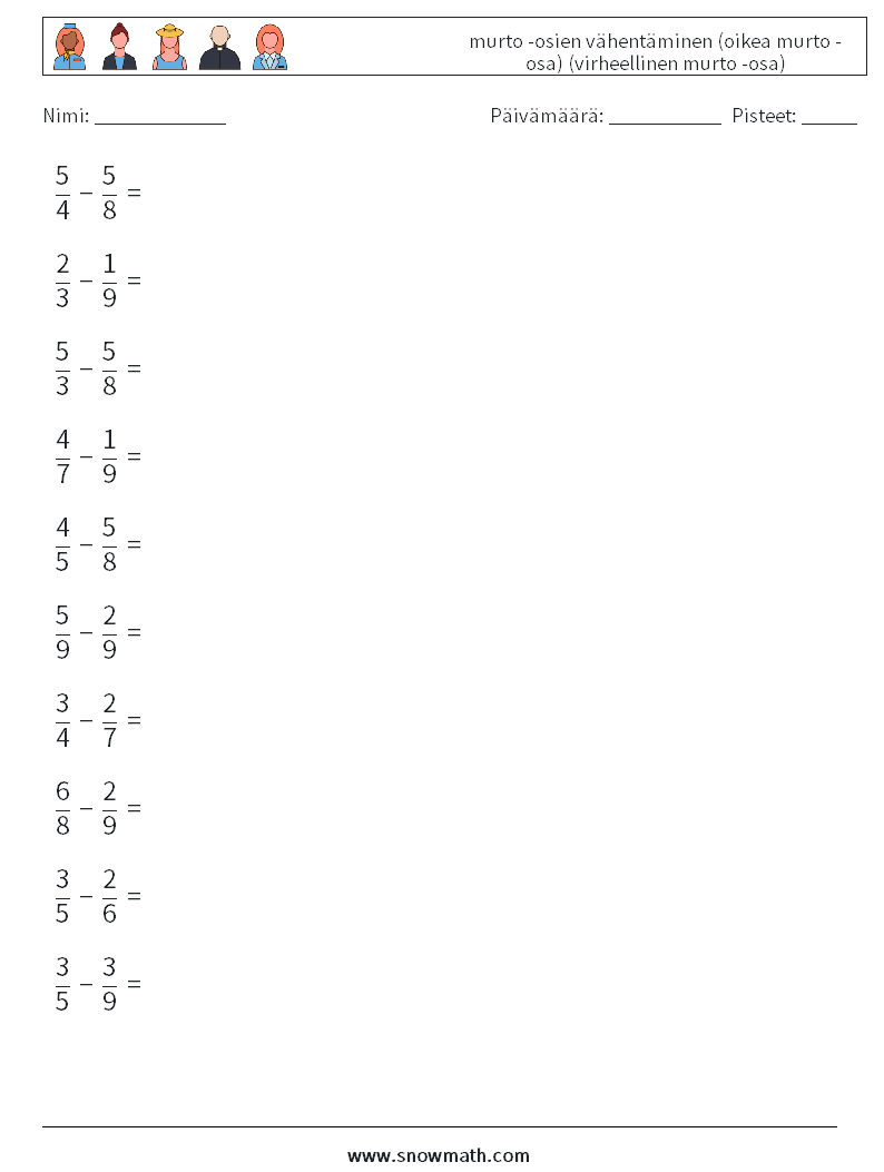 (10) murto -osien vähentäminen (oikea murto -osa) (virheellinen murto -osa) Matematiikan laskentataulukot 17