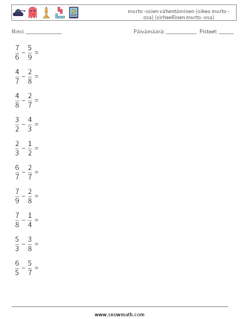 (10) murto -osien vähentäminen (oikea murto -osa) (virheellinen murto -osa) Matematiikan laskentataulukot 18