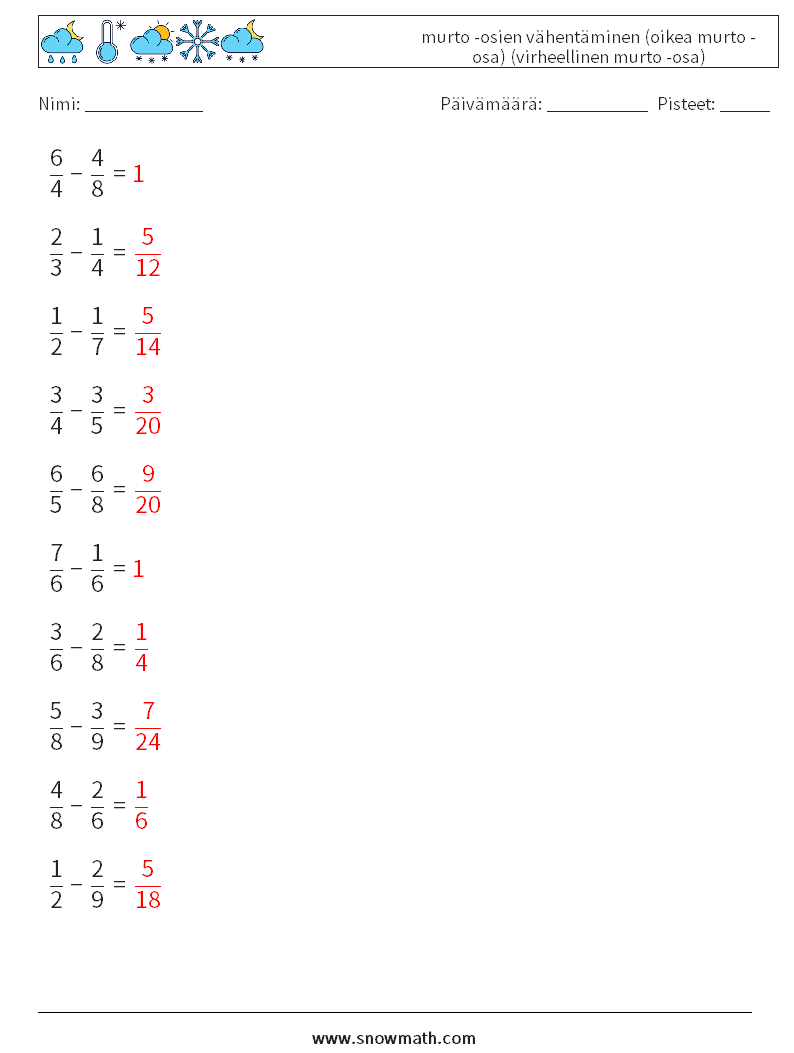 (10) murto -osien vähentäminen (oikea murto -osa) (virheellinen murto -osa) Matematiikan laskentataulukot 1 Kysymys, vastaus