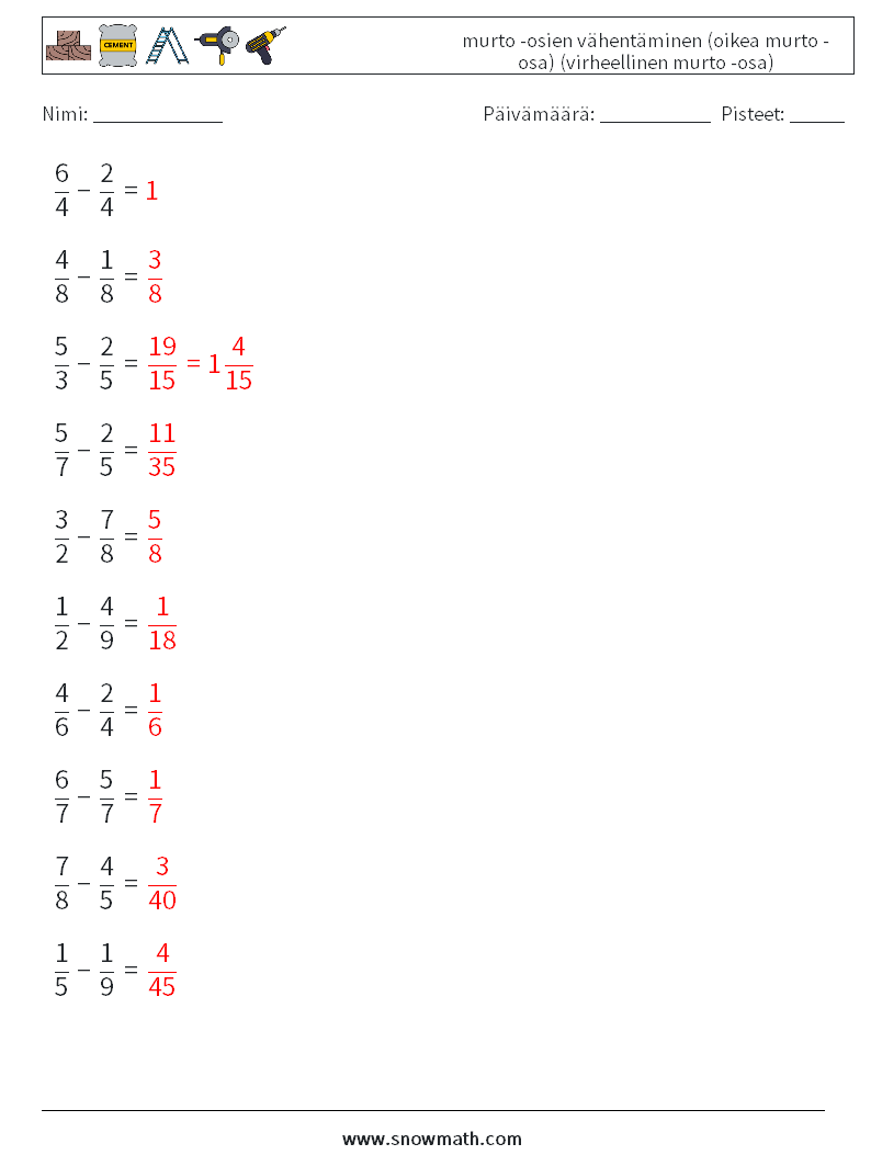 (10) murto -osien vähentäminen (oikea murto -osa) (virheellinen murto -osa) Matematiikan laskentataulukot 2 Kysymys, vastaus