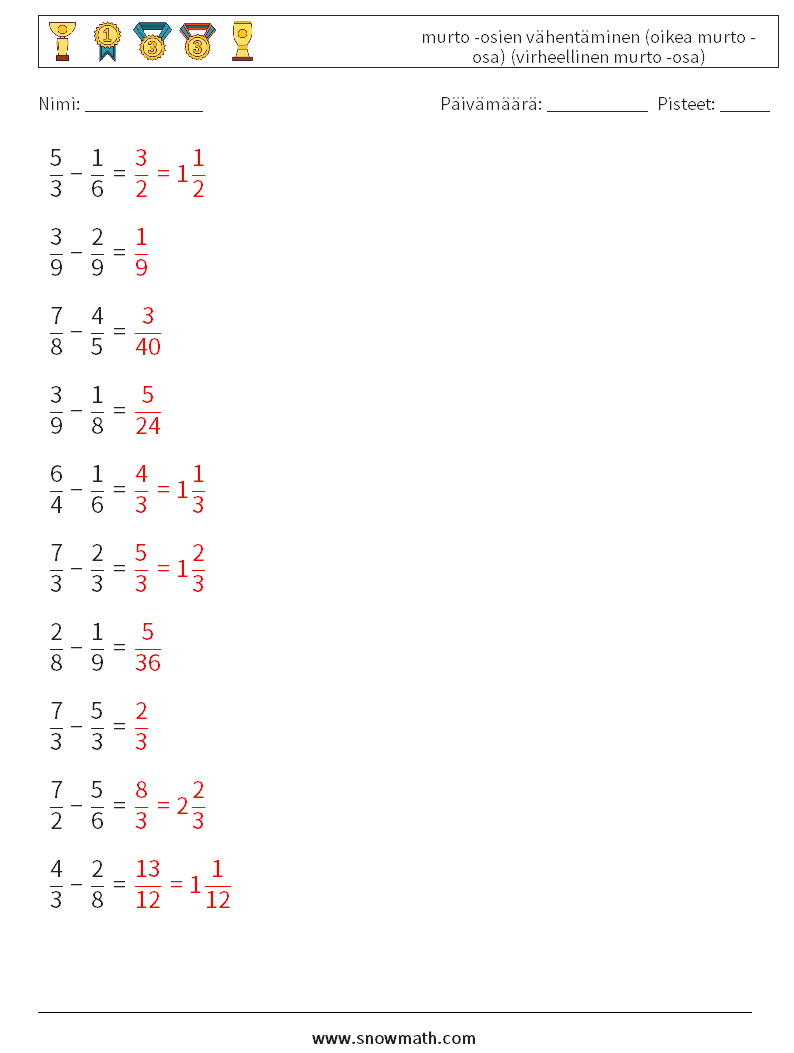 (10) murto -osien vähentäminen (oikea murto -osa) (virheellinen murto -osa) Matematiikan laskentataulukot 3 Kysymys, vastaus