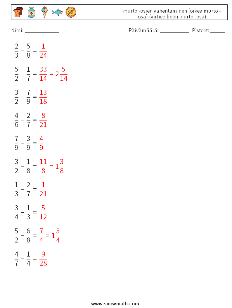(10) murto -osien vähentäminen (oikea murto -osa) (virheellinen murto -osa) Matematiikan laskentataulukot 5 Kysymys, vastaus