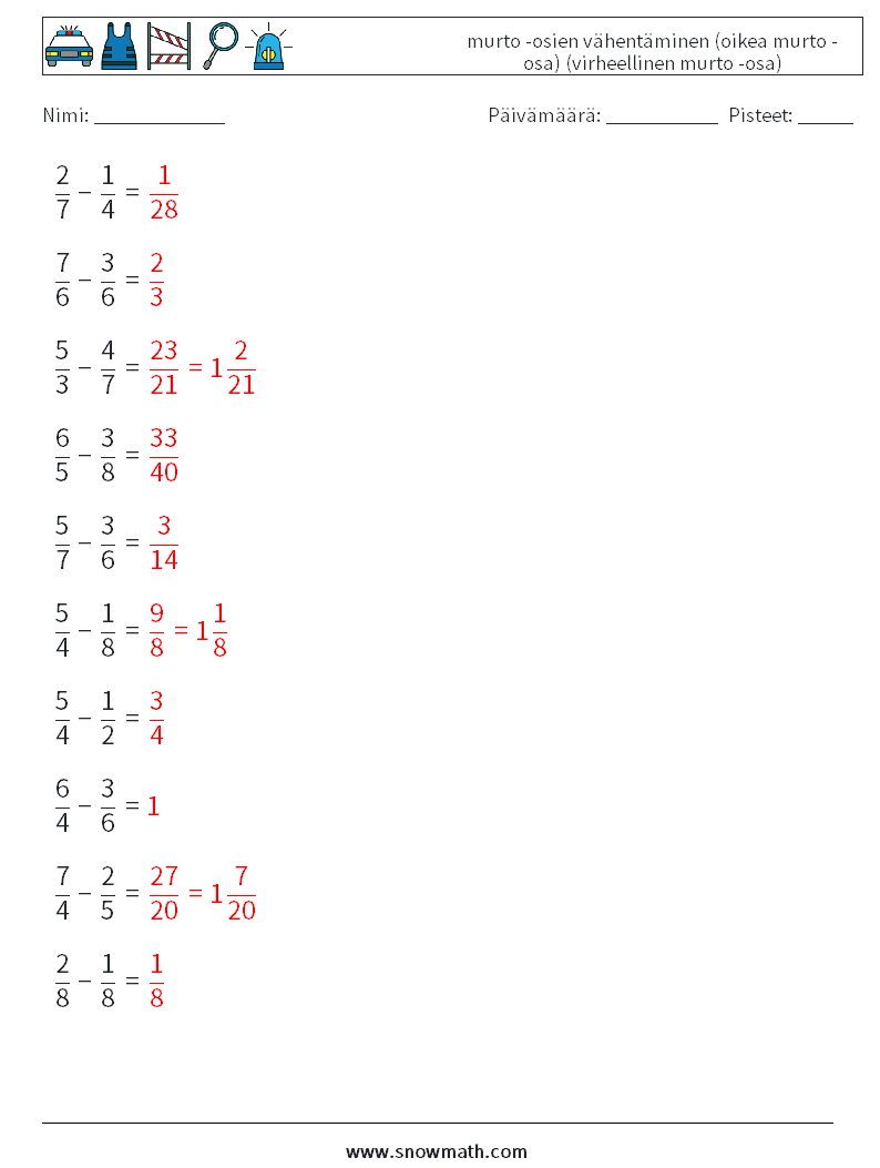(10) murto -osien vähentäminen (oikea murto -osa) (virheellinen murto -osa) Matematiikan laskentataulukot 6 Kysymys, vastaus