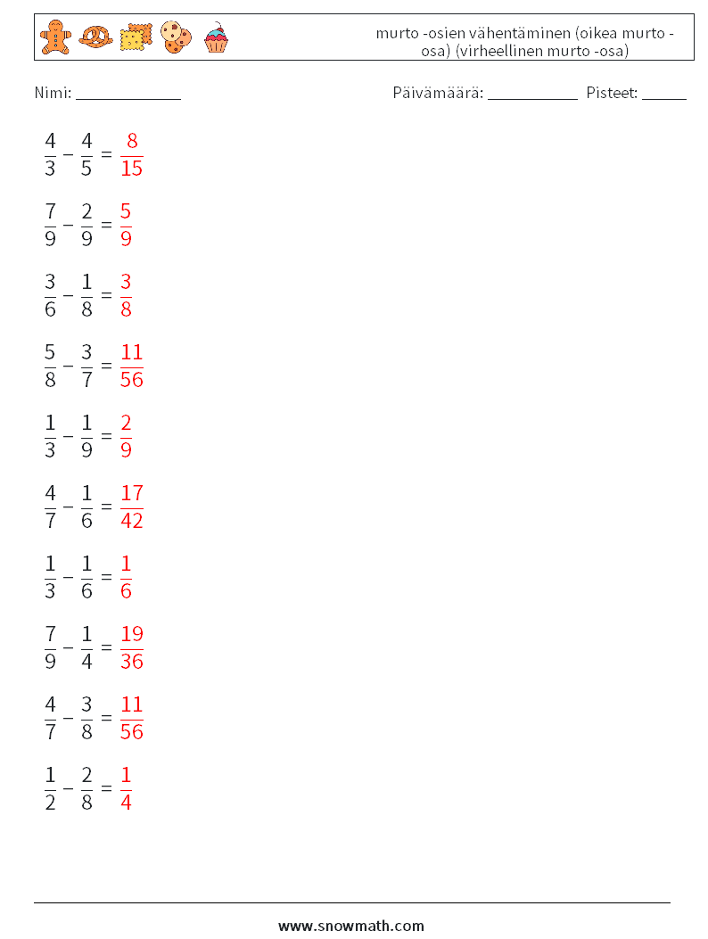 (10) murto -osien vähentäminen (oikea murto -osa) (virheellinen murto -osa) Matematiikan laskentataulukot 7 Kysymys, vastaus