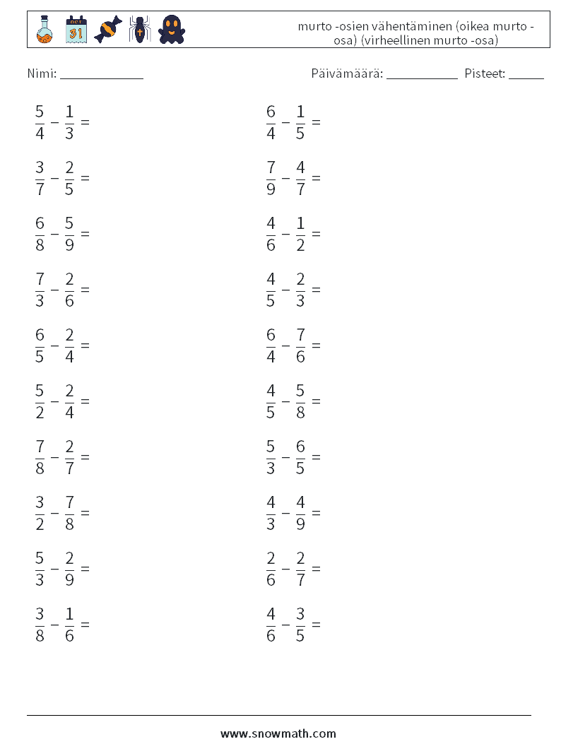 (20) murto -osien vähentäminen (oikea murto -osa) (virheellinen murto -osa) Matematiikan laskentataulukot 1