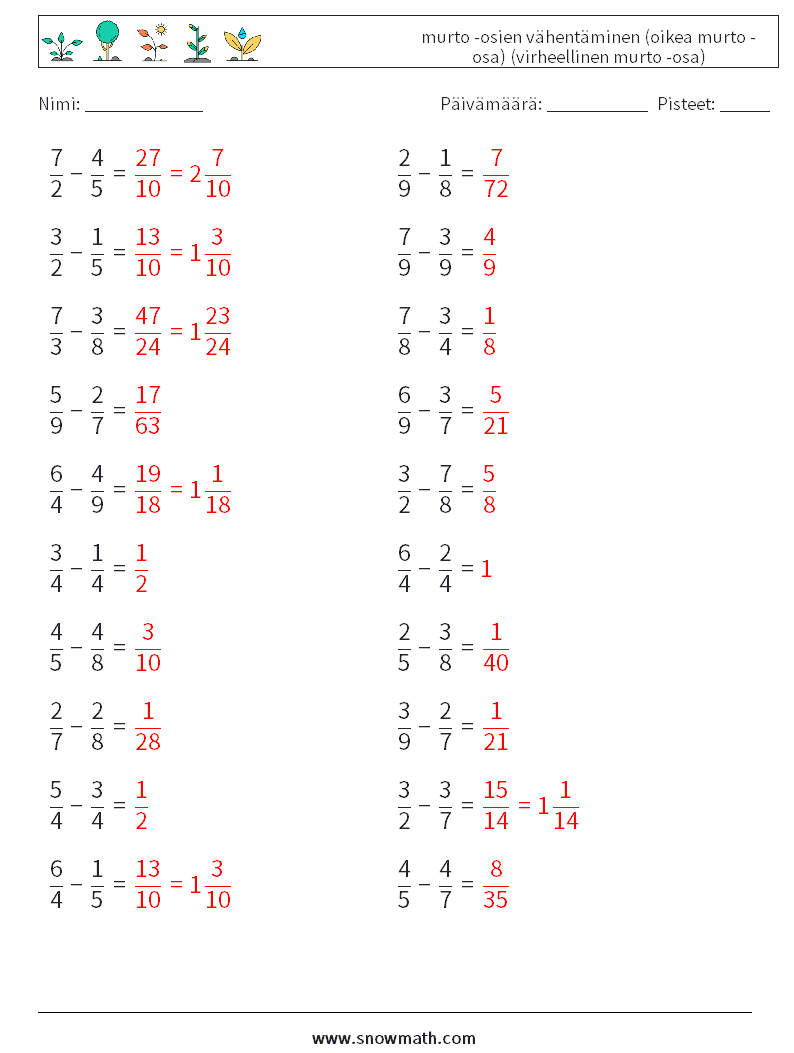 (20) murto -osien vähentäminen (oikea murto -osa) (virheellinen murto -osa) Matematiikan laskentataulukot 10 Kysymys, vastaus