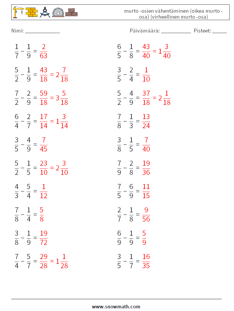 (20) murto -osien vähentäminen (oikea murto -osa) (virheellinen murto -osa) Matematiikan laskentataulukot 11 Kysymys, vastaus