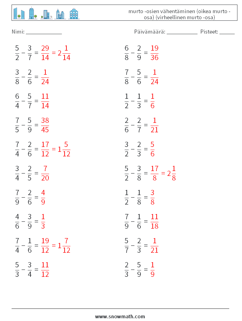 (20) murto -osien vähentäminen (oikea murto -osa) (virheellinen murto -osa) Matematiikan laskentataulukot 12 Kysymys, vastaus