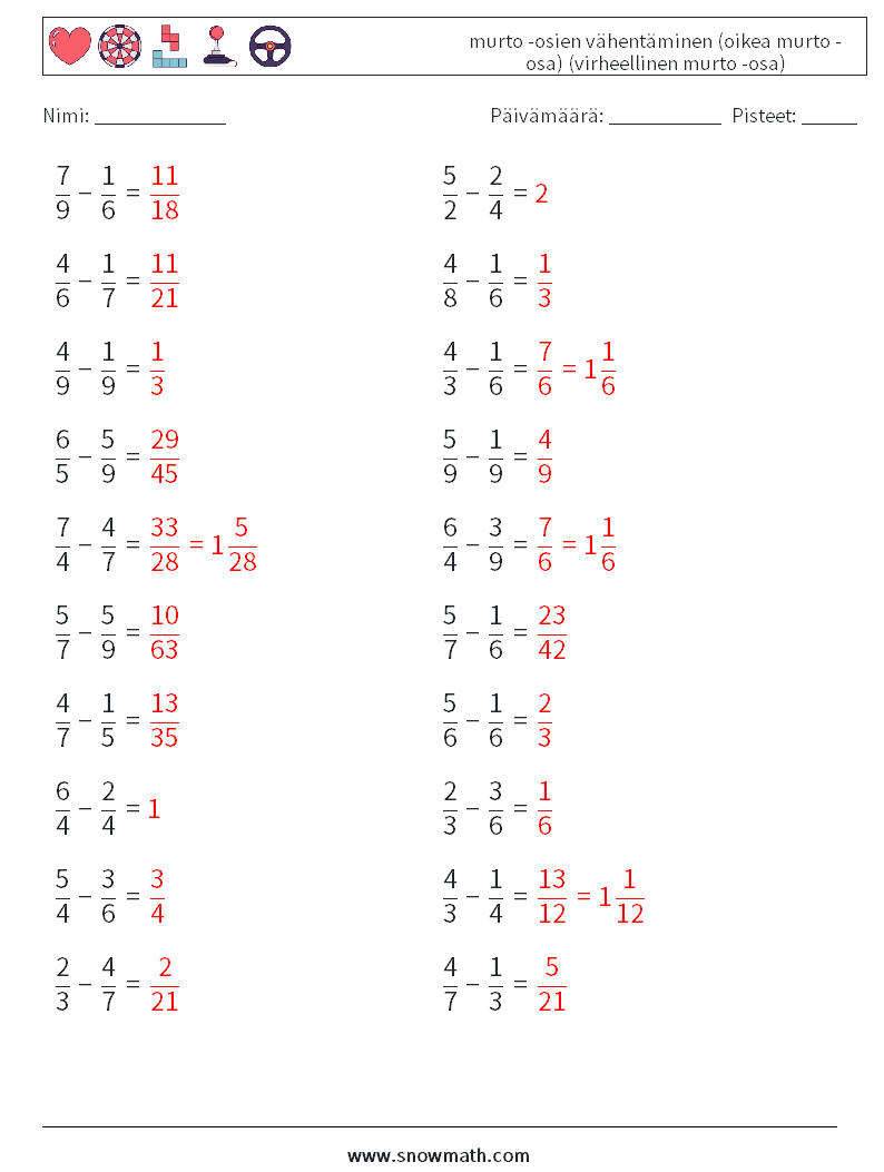 (20) murto -osien vähentäminen (oikea murto -osa) (virheellinen murto -osa) Matematiikan laskentataulukot 13 Kysymys, vastaus