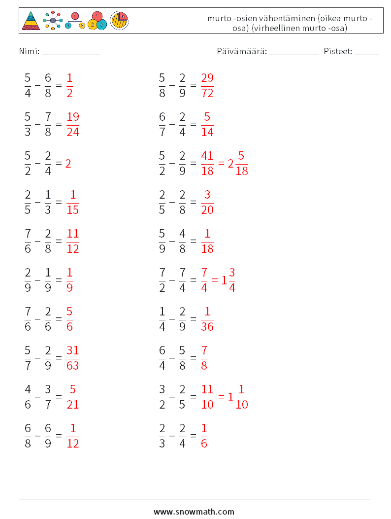 (20) murto -osien vähentäminen (oikea murto -osa) (virheellinen murto -osa) Matematiikan laskentataulukot 14 Kysymys, vastaus
