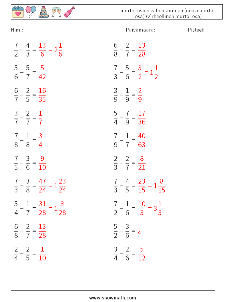 (20) murto -osien vähentäminen (oikea murto -osa) (virheellinen murto -osa) Matematiikan laskentataulukot 15 Kysymys, vastaus