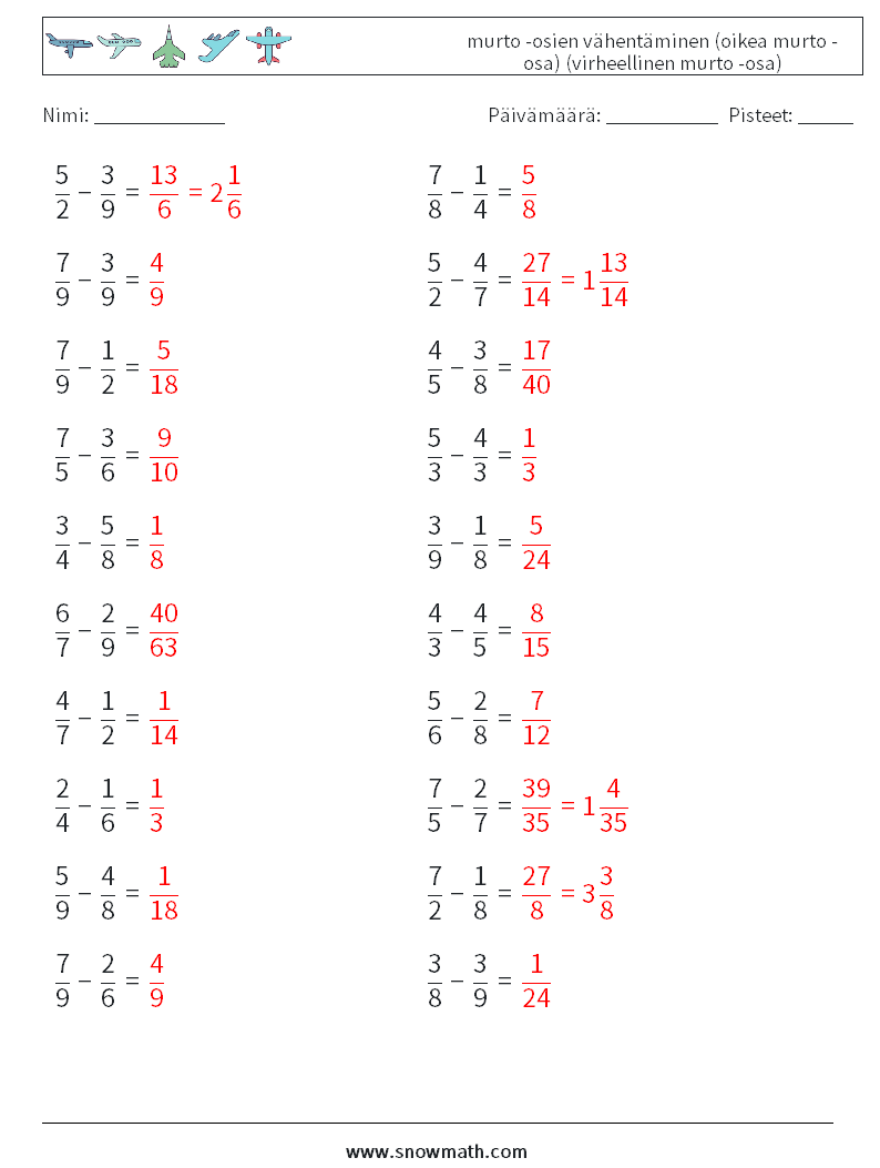 (20) murto -osien vähentäminen (oikea murto -osa) (virheellinen murto -osa) Matematiikan laskentataulukot 16 Kysymys, vastaus