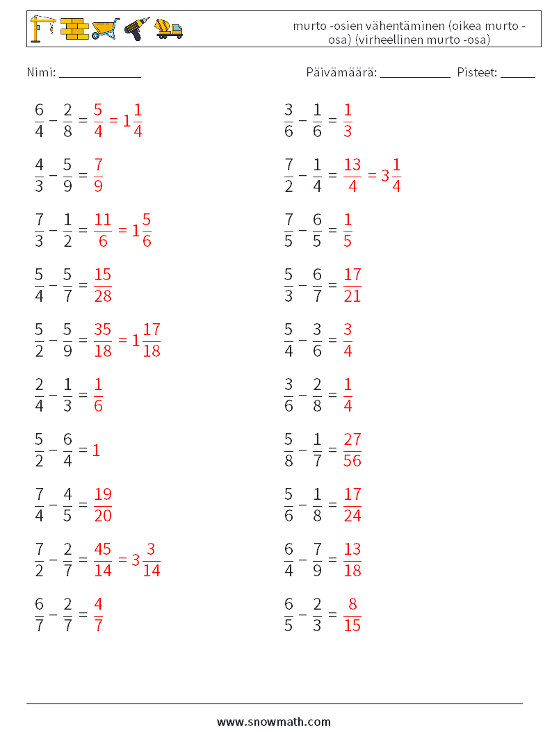 (20) murto -osien vähentäminen (oikea murto -osa) (virheellinen murto -osa) Matematiikan laskentataulukot 17 Kysymys, vastaus