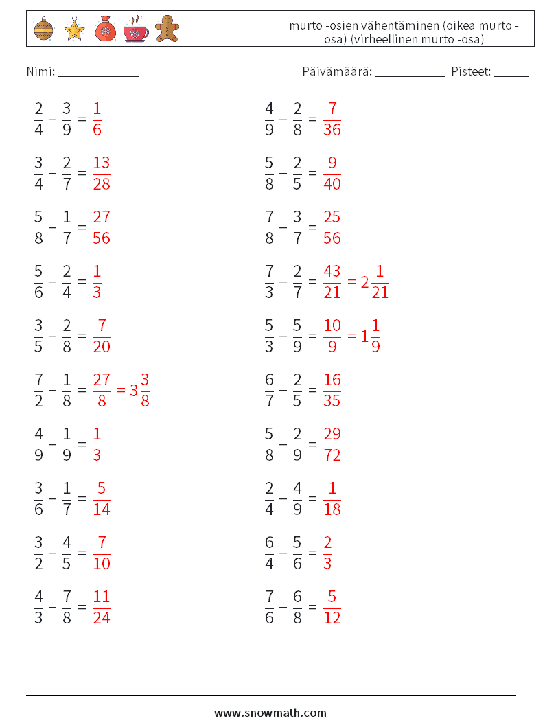 (20) murto -osien vähentäminen (oikea murto -osa) (virheellinen murto -osa) Matematiikan laskentataulukot 18 Kysymys, vastaus