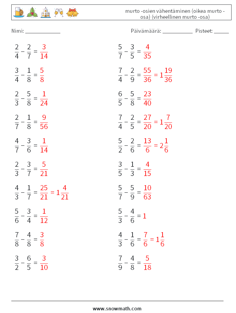 (20) murto -osien vähentäminen (oikea murto -osa) (virheellinen murto -osa) Matematiikan laskentataulukot 7 Kysymys, vastaus