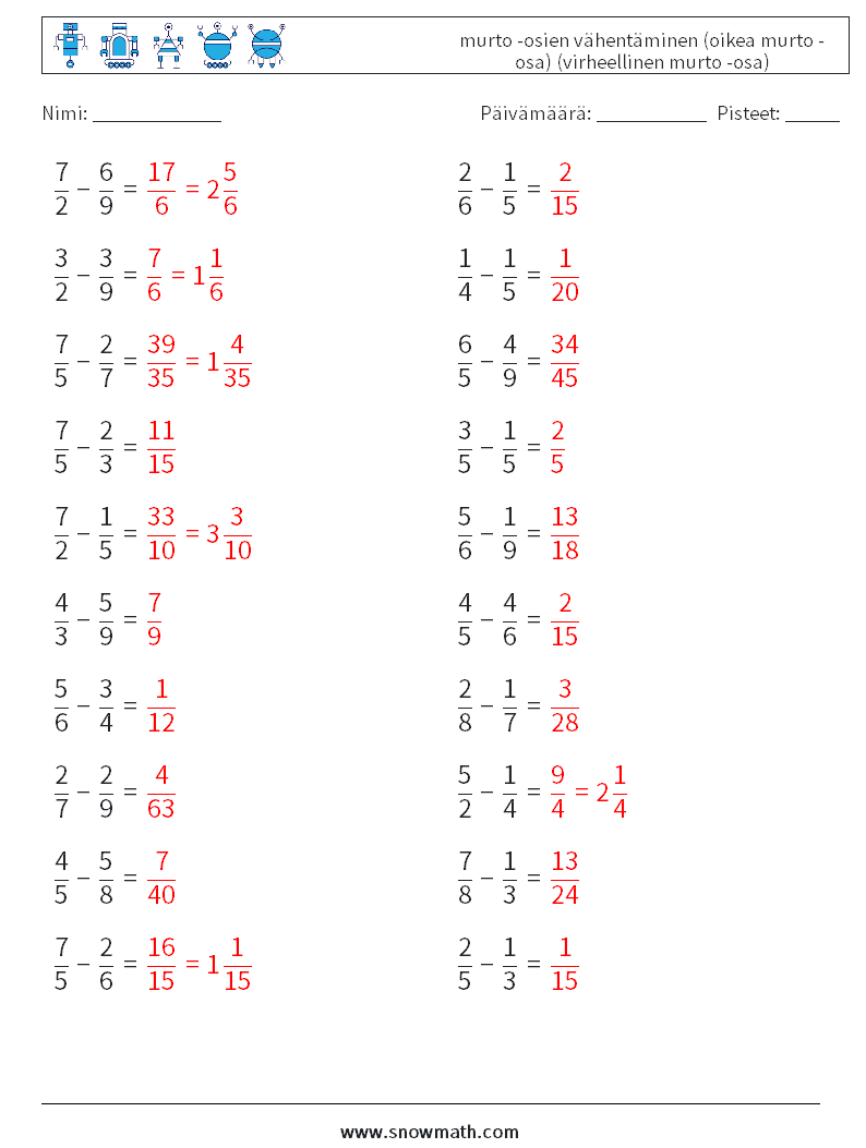 (20) murto -osien vähentäminen (oikea murto -osa) (virheellinen murto -osa) Matematiikan laskentataulukot 9 Kysymys, vastaus