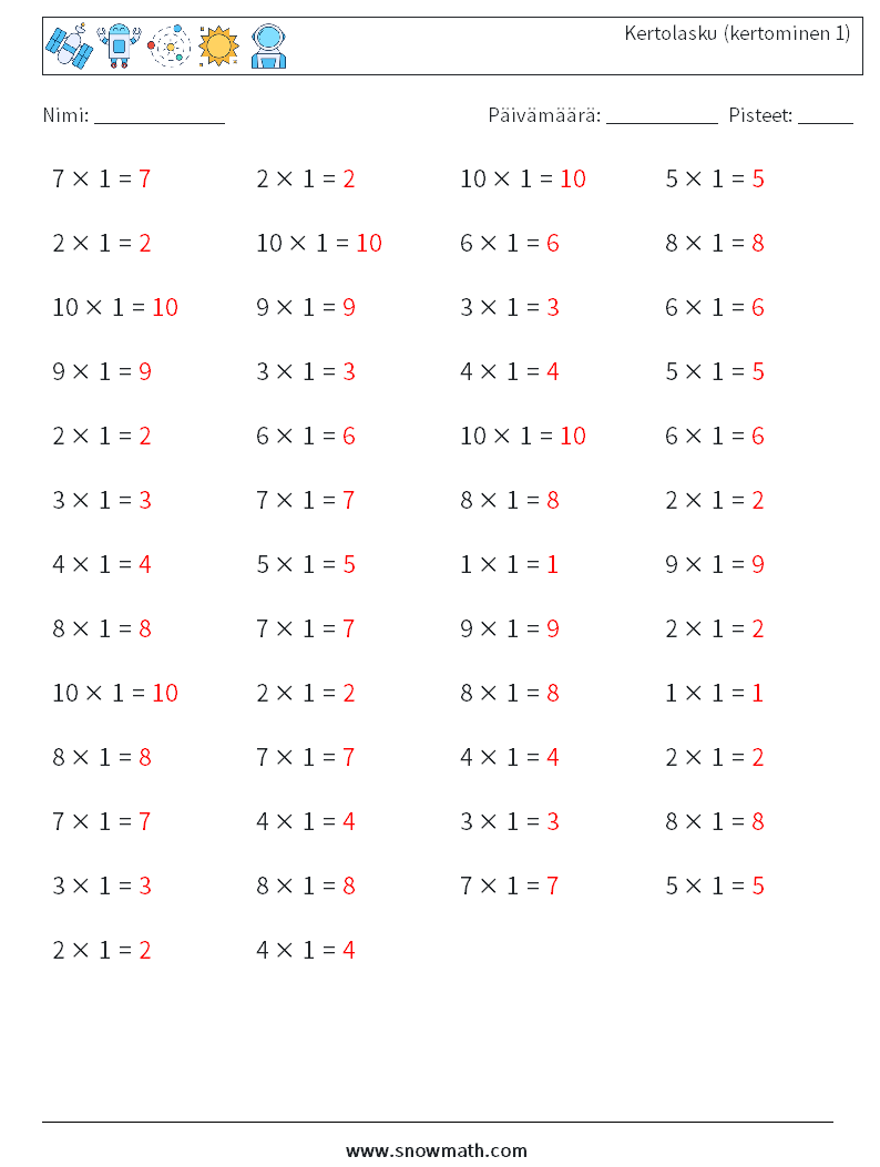 (50) Kertolasku (kertominen 1) Matematiikan laskentataulukot 8 Kysymys, vastaus