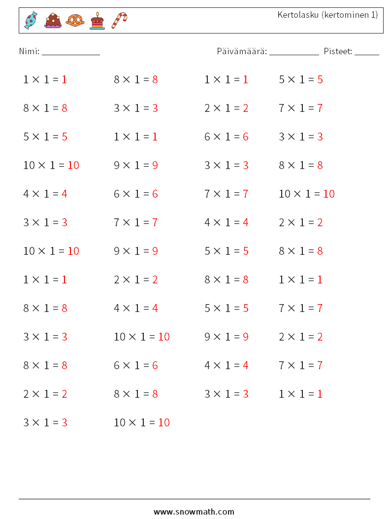 (50) Kertolasku (kertominen 1) Matematiikan laskentataulukot 9 Kysymys, vastaus