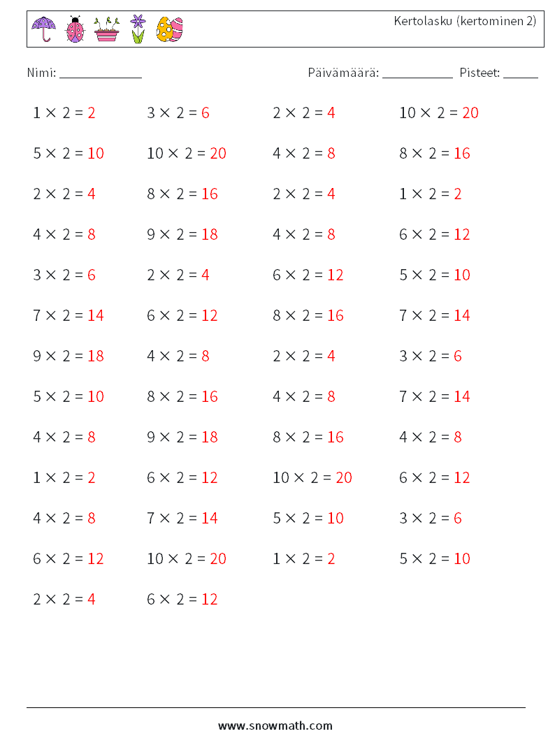 (50) Kertolasku (kertominen 2) Matematiikan laskentataulukot 2 Kysymys, vastaus